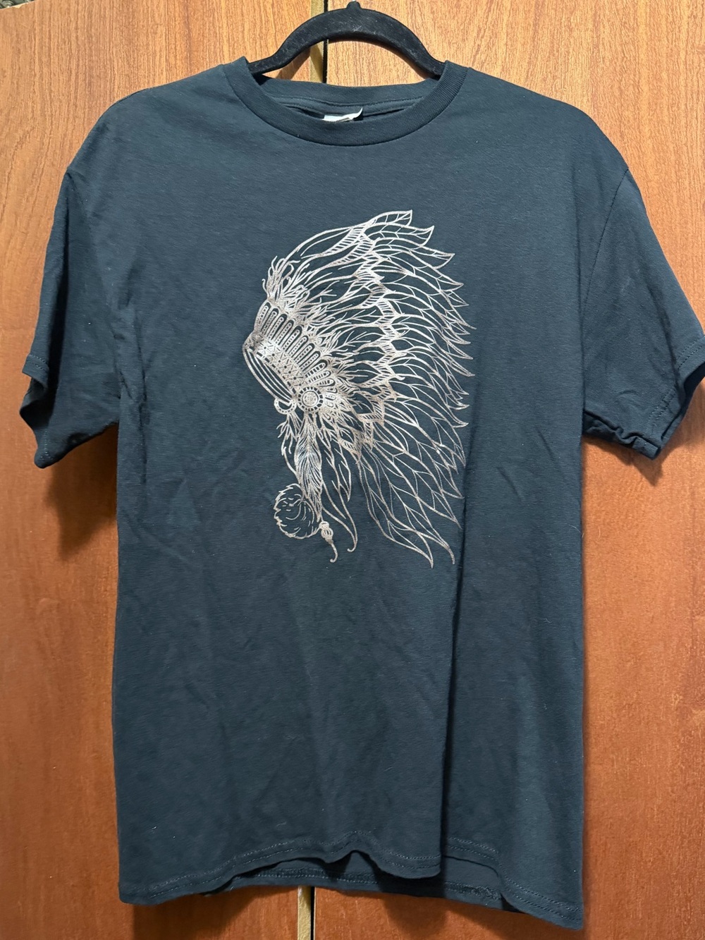 Black Graphic Tee with Feather Headdress